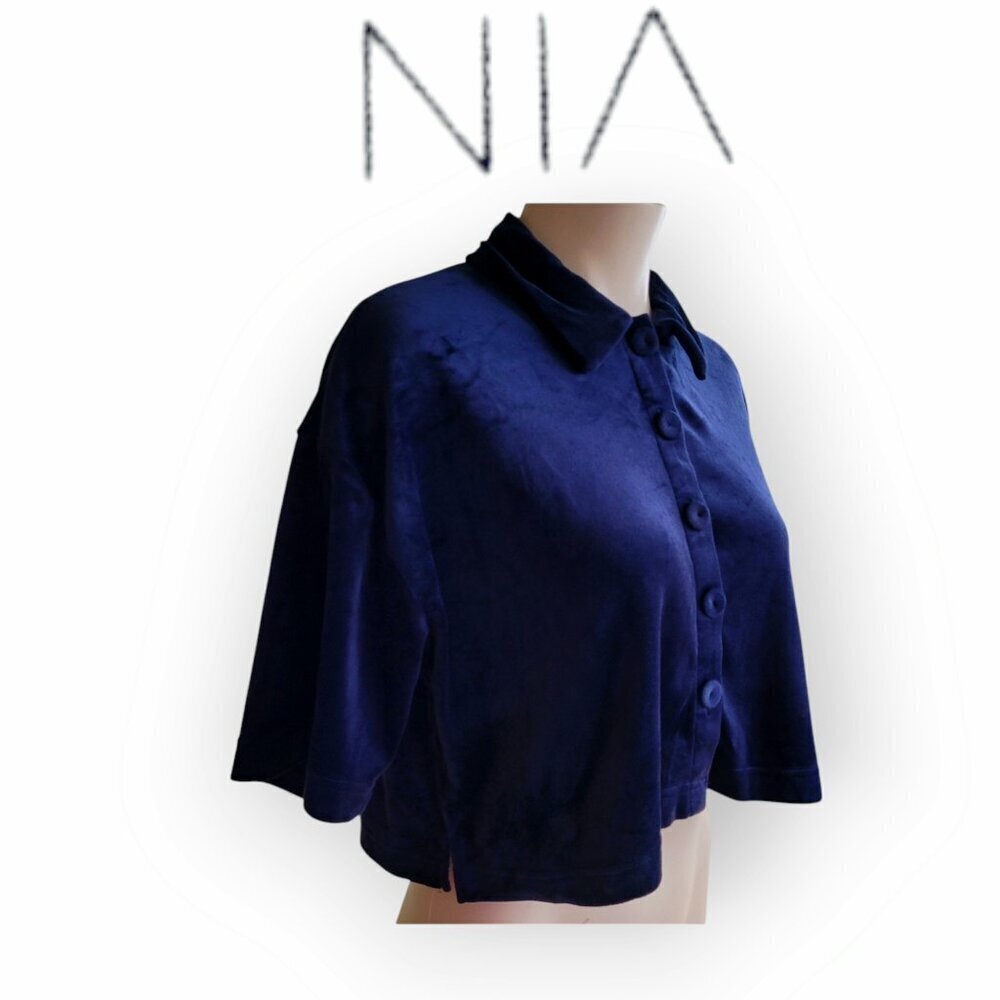 Nia Velvet Crop Top Midnight Blue XS Collared Button-Up Elegant & Stylish
